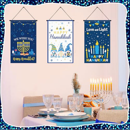 Tegeme 3 Pcs Hanukkah Door Sign Flag Chanukah Door Blue White Doors Banner - style: Hanukkah