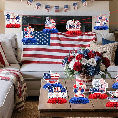 4th of July Honeycomb Centerpieces - 9PCS Patriotic Themed Table Decorations, Red White Blue Independence Day Party Supplies for Patriotic Events American Theme Gatherings - style: Independence Day