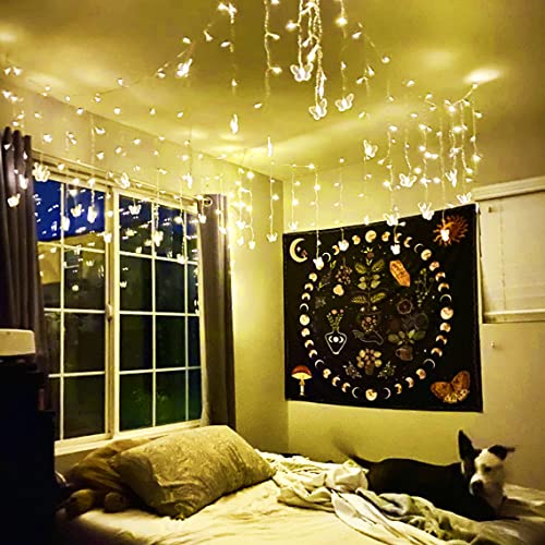 Butterfly Curtain Fairy Lights USB Plug in,8 Modes 120 LED 21FT Firefly Twinkle Timer String Lights with Remote, Waterproof for Bedroom Patio Christmas Wedding Party (Warm White) - color: Warm White