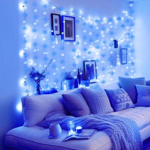 Minetom Curtain Lights, 300 LED Dimmable Twinkle Fairy Lights, 8 Modes - color: Blue & White, size: 1 Pack
