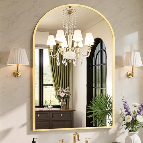 Sweetcrispy 30x40 Bathroom Mirrors for Wall, Arched Mirror for Over Sink - color: Gold, size: 30"L x 40"W