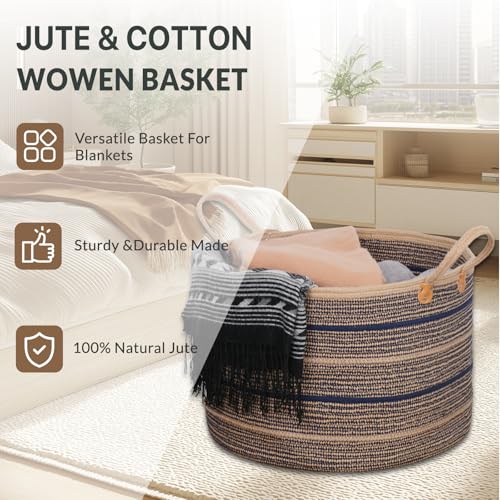 ZOES HOMEWARE Sapphire Blue Large Blanket Basket, 22"x22"x14" | Jute Blanket Basket Living Room, Laundry, Nursery | Toy Basket for Blankets, Toys, Hand Woven Crafted (Brown&Blue)