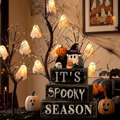 Moucuny 4 Pcs Halloween Table Decor Pumpkin Ghost Wood Stacked Block Decor - style: Spooky