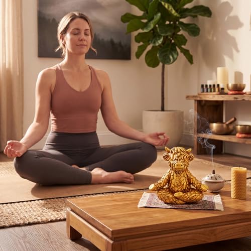 ReliThick Meditation Yoga Figurine 4.9" Highland Cow Meditating Yoga Statue