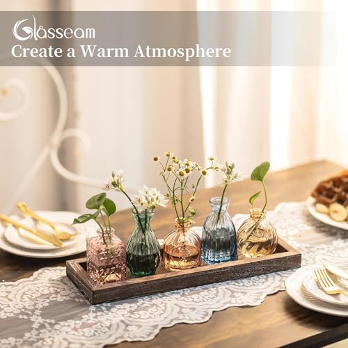 Glasseam Glass Bud Vases for Flower: 5 Pcs Small Vases with Wooden Tray - color: Colorful-embossed