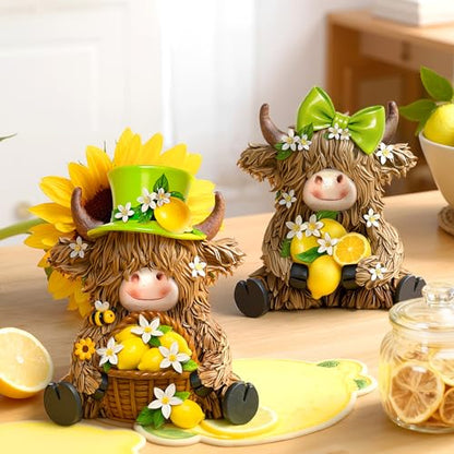 2 Pcs Resin Highland Cow Figurines Decor, Lemon Style - style: Lemon