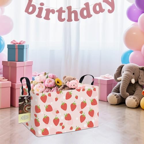 Rectangle Foldable Storage Basket Handles For Home, Pink Strawberry - color: REC-Pink Strawberry