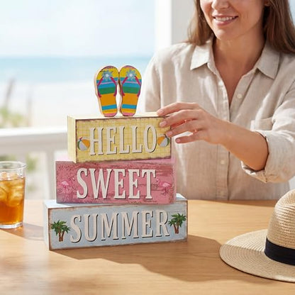Geelin 4 Pcs Summer Flip Flop Wood Table Decor Hello Sweet Summer Sign - style: Summer