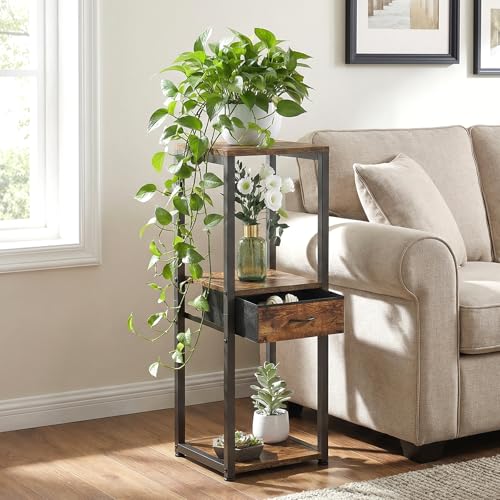 3-Tier Tall Plant Stand with Drawer, Small Square Side Table - size: 3-Tier with Drawer