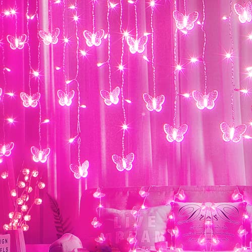 Butterfly Curtain Fairy Lights USB Plug in,120 LED 8 Modes 20FT Firefly Twinkle Icicle String Lights with Remote Timer Waterproof Copper Wire for Bedroom Patio Christmas Wedding Party Dorm(Pink) - color: Pink