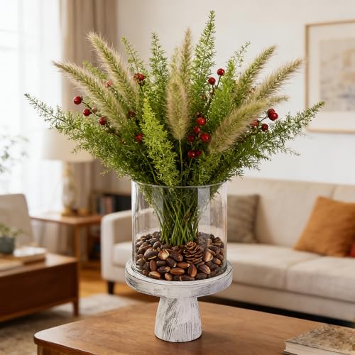 9" Wide Farmhouse Glass Hurricane Candle Holder & Glass Vase with Distressed White Sturdy Solid Wooden Base for Pillar & Flower Arrangement, Terrarium, Centerpiece, Console Table, Dining Table, Mantel - color: Rustic White, size: 9"x13.5"