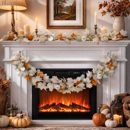 2 Pack Fall Garland with Pumpkins and Berries – 6ft Artificial Maple Leaf Garlands with Cream and Orange Leaves for Thanksgiving, Fireplace, Front Door, Farmhouse Autumn Decorations
