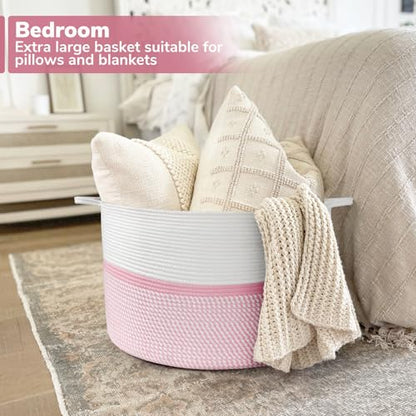 CHICVITA XXL Cotton Rope Woven Blanket Basket with Handles, Pink - color: Pink