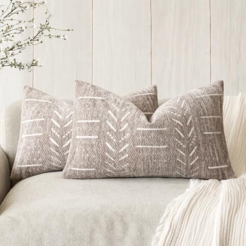 Foindtower Set of 2 Decorative Chenille Jacquard Throw Pillow Covers Textured Farmhouse Lumbar Cushion Covers Modern Boho Accent Home Decor for Sofa Chair Couch Bed Living Room,12×20 Inch,Light Taupe - color: Mushroom, size: 20" x 12" (Pack of 2)