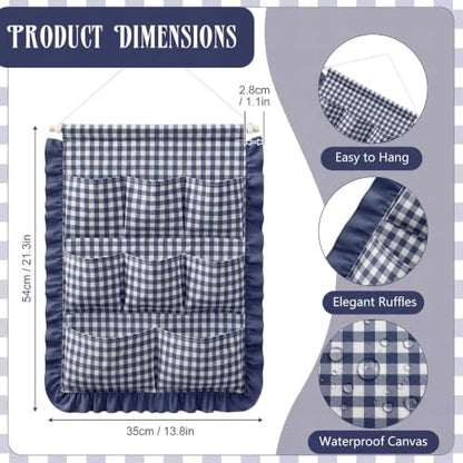 Amyhill Gingham Wall Hanging Organizer with Pocket Ruffled, Navy Blue - color: Navy Blue