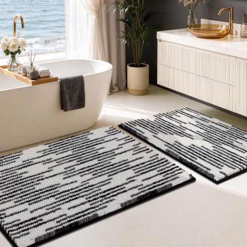 BSICPRO Bathroom Rugs Sets 2 Piece, Modern Bath Mat 20"x32"+16"x24", Black - color: Black and White, size: 20" x 32" Plus 16" x 24"