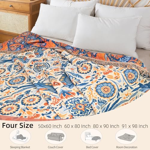 Boho Throw Blanket for Couch Bed, 100% Cotton Soft Rustic Quilt with Tassel 80''x 90'', Super Soft Bohemian Decor Reversible Sofa Bed Chair Blanket Cover for All Seasons(Floral Bird)