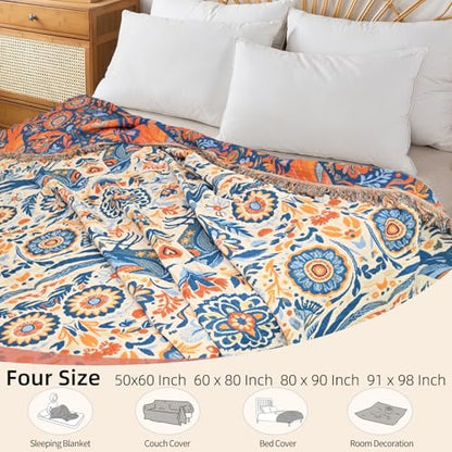 Boho Throw Blanket for Couch Bed, 100% Cotton Soft Rustic Quilt with Tassel 80''x 90'', Super Soft Bohemian Decor Reversible Sofa Bed Chair Blanket Cover for All Seasons(Floral Bird)