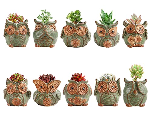 TOPZEA 10 Pack Succulent Planter Pots with Drainage Hole, Cute Owl Ceramic Small Planters Animal Tiny Flower Plant Pots Containers Indoor for Cactus, Herb, Home, Garden, Windowsill, Coffee Table Decor