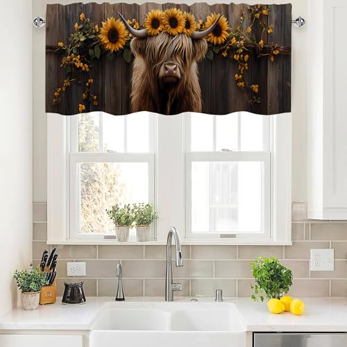 Highland Cow Sunflower Valance Curtains,Rod Pocket Valances for Windows,Small Window Treatment Valances for Kitchen,Living Room,Bedroom,Bathroom,Home Decor,18x54 Inch,1 Panel,Wood Board - color: Highland Cow01, size: 54"W x 18"L (Pack of 1)
