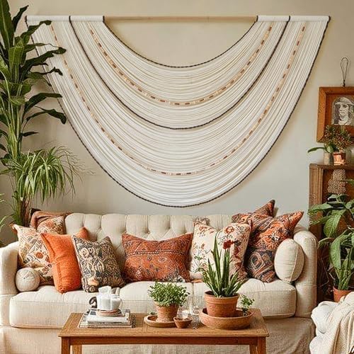 Macrame Wall Hanging Boho Wall Decor Beaded Fiber Art Handmade 57"W*35"L - color: Ivory