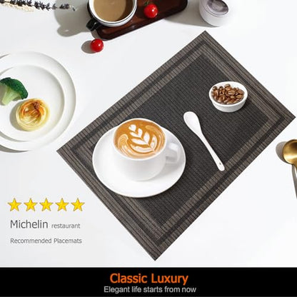 Black Gold Vinyl Placemats Set of 6, Heat Resistant Table Placemats - color: Black