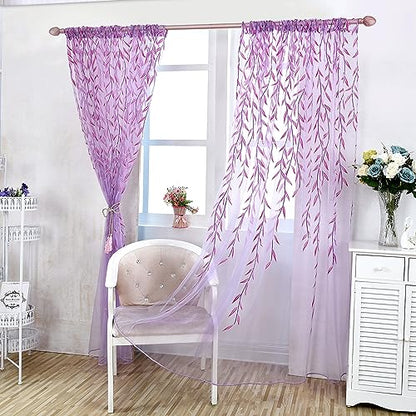 Ufurty 2pcs Willow Leaf Window Curtain Voile Tulle Sheer Vine Curtains - color: Purple Leaf, size: 39.4"W x 78.7"L (Pack of 2)