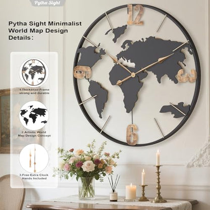 Pytha Sight 36 Inch Large Extra Metal Oversized Arabic World Map Wall Clock - color: Gold Arabic, size: 36 inch