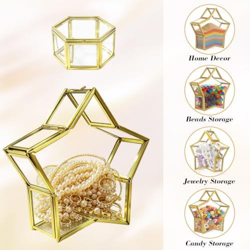 2Pcs Glass Jewelry Boxes with Lids, Gold Star & Hexagon Trinket Boxes