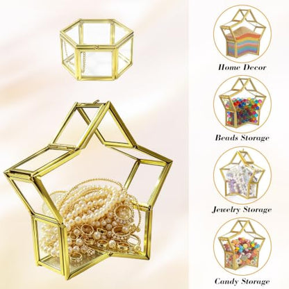 2Pcs Glass Jewelry Boxes with Lids, Gold Star & Hexagon Trinket Boxes