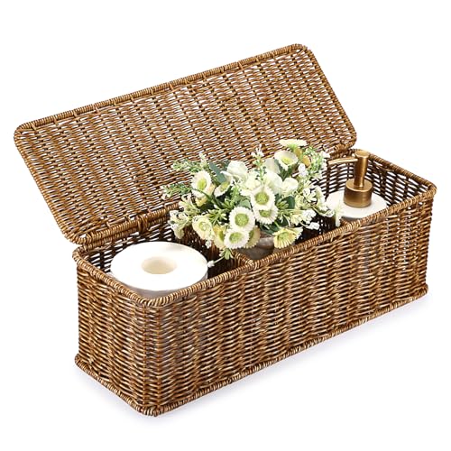 Sumnacon Wicker Storage Basket with Lid, Rectangle Bathroom Narrow Baskets - color: Brown