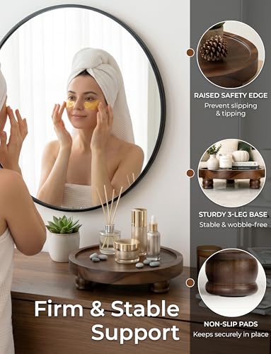 Demigo Acacia Wood Round Tray, 10 in Pedestal Riser Stand, Dark Brown - color: Dark Brown