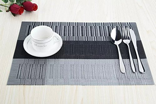 SHACOS Placemats with Table Runner Set of 7 Woven Vinyl Table Mats and Runner for Dining Table Heat Resistant, Ombre Black Gray - color: Ombre Black Gray, size: Placemats and Table Runner Set of 7