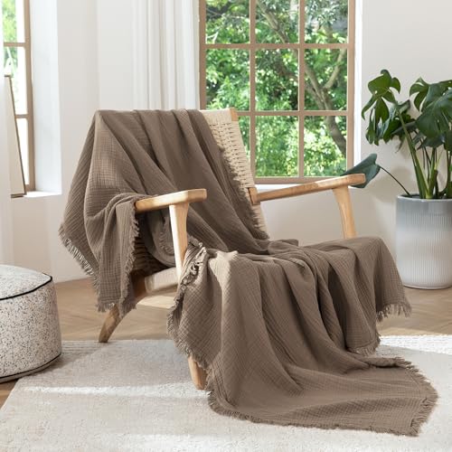 MooMee 100% Cotton Muslin Blanket, Fringed 4-Layer Gauze Bed Throw Blankets - color: Brown, size: Oversize Queen