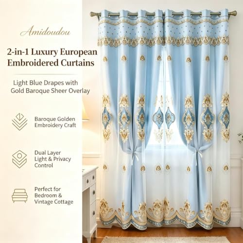 Amidoudou 1 Pair European Double Layer Curtains with Sheer Curtains for Living Room Bedroom Luxury Embroidered Blackout Curtains (Blue,52x84 Inch) - color: Blue, size: 52"W x 84"L (Pack of 2)