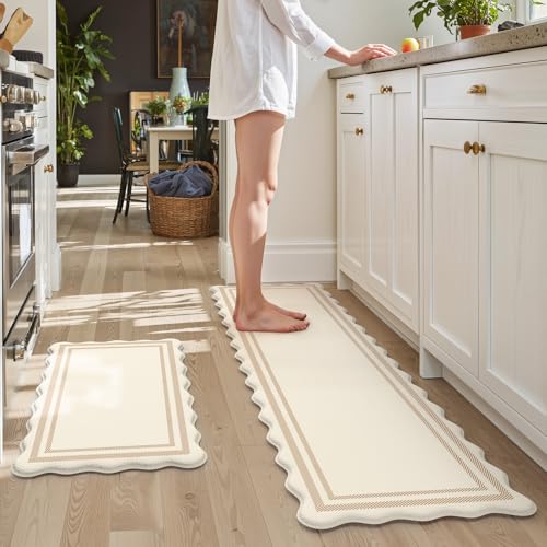 KIMODE Anti Fatigue Kitchen Mats,Beige Boho Kitchen Rugs,Modern Home Decor - color: Beige, size: 17.3" x 59"+17.3" x 29"--0.47 inches