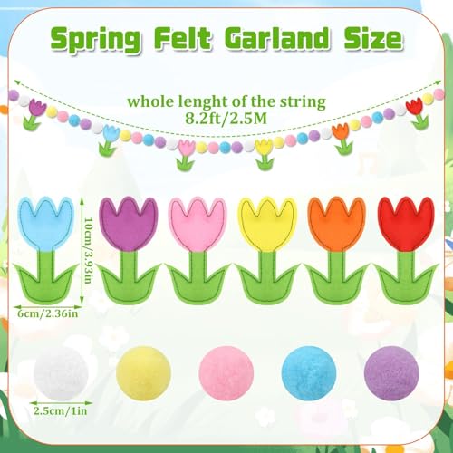 Jansun 8.2 FT 3D Spring Colorful Tulip Floral Felt Pre-Strung Garland - color: Multicolor Tulips