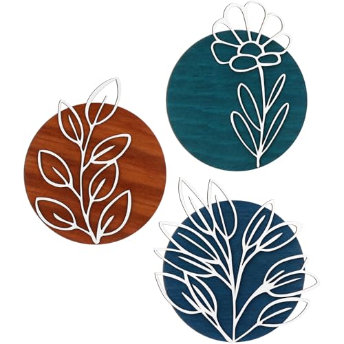 Wenqik Set of 3 Teal Style 3D Wood Metal Wall Art, Geometric Leaf - style: Teal Style
