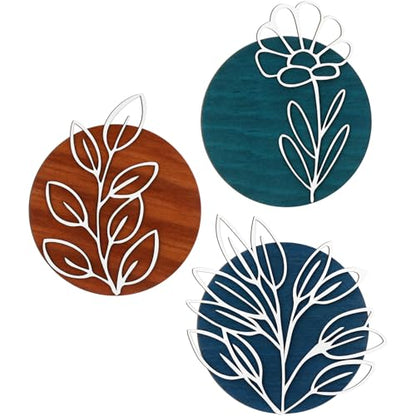 Wenqik Set of 3 Teal Style 3D Wood Metal Wall Art, Geometric Leaf - style: Teal Style