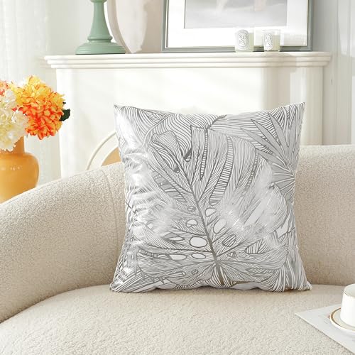 TAOSON Pack of 4, Silver Stamping Leaves Bronzing Printed Cozy Soft Throw Pillow Cases Cushion Covers Shells for Sofa Couch Bed Home Decoration 18 x 18 Inches - color: Silver Leaves, size: 18" x 18" (Pack of 4)