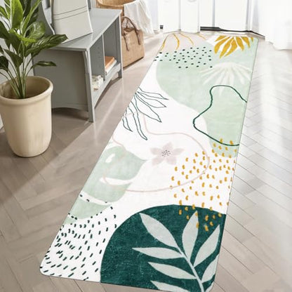 Lahome Green Hallway Runner Rug - 2x6 Washable Kitchen Runner Rug Boho Non-Slip Low-Plie Laundry Room Rug Soft Bathroom Rug Botanical Print Throw Carpet for Entrance Bedroom Living Room - color: Green, size: 2' x 6' (Rectangular)