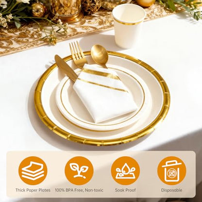AIRE Gold White Paper Plates Set, 350PCS Disposable Tableware for 50 - color: 350pcs White Gold
