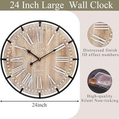 EMAX HOME 24 Inch Large Farmhouse Wall Clock, Rustic Antique Wood with Metal Circle and Large Engraved Numerals, Silent Battery Operated Wall Clock for Office Kitchen Bedroom Living Room - color: Brown, size: 24 Inch Roman numerals