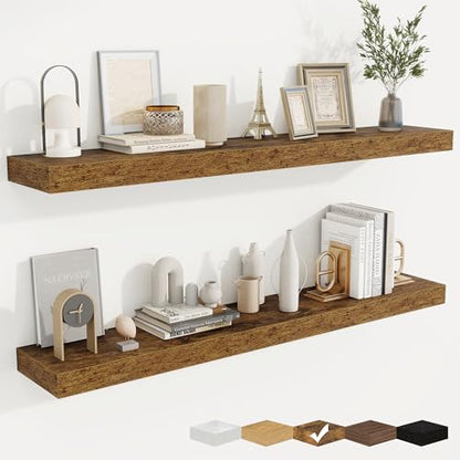Floating Shelves for Wall, Wall Mounted Wood Shelves, Brown, Set of 2, 48in - color: Rustic Brown, size: 48"W x 6.5"D , 2 Pack