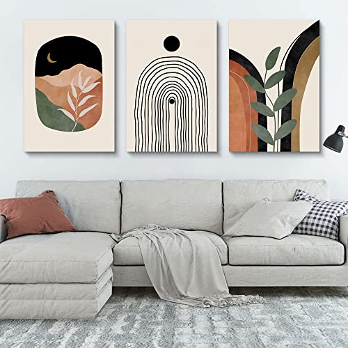 Boho Wall Art Set of 3 - Mid Century Modern Canvas Prints: Sun Moon Leaf Mountain, Neutral Abstract Geometric for Bedroom, Bathroom, Living Room, Office - color: Boho Prints-2, size: 24x36inchx3pcs