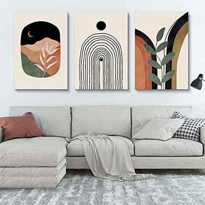 Boho Wall Art Set of 3 - Mid Century Modern Canvas Prints: Sun Moon Leaf Mountain, Neutral Abstract Geometric for Bedroom, Bathroom, Living Room, Office - color: Boho Prints-2, size: 24x36inchx3pcs