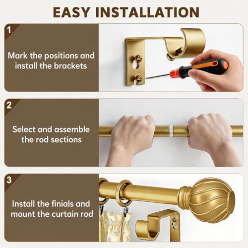 Gold Curtain Rods for Windows 48 to 84 Inch 7/8" Diameter - color: Gold, size: 36"-88"|1 Pack