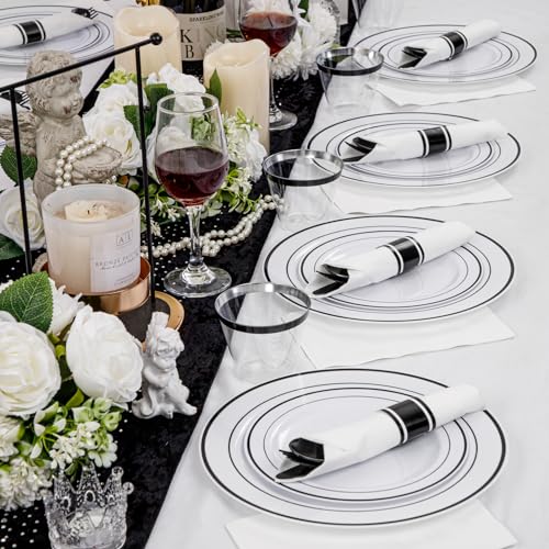 WELLIFE 350Pcs Black Plastic Dinnerware with Pre Rolled Napkins, Include:50 Dinner Plates, 50 Dessert Plates, 50 Paper Napkins, 50 Cups, 150 Plastic Cutlery - color: Black, style: 350PCS（50 Guests）