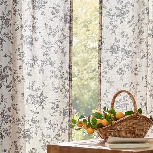 jinchan Linen Curtains 63 inch Black Floral Farmhouse Rod Pocket 2 Panels - color: Amlie Black, size: 50"W x 63"L (Pack of 2)