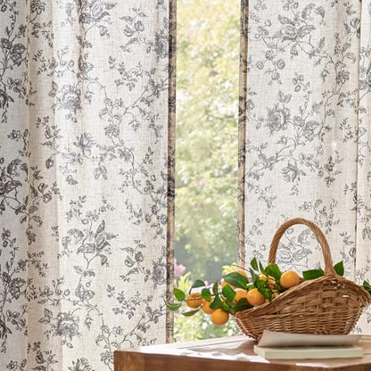 jinchan Linen Curtains 63 inch Black Floral Farmhouse Rod Pocket 2 Panels - color: Amlie Black, size: 50"W x 63"L (Pack of 2)